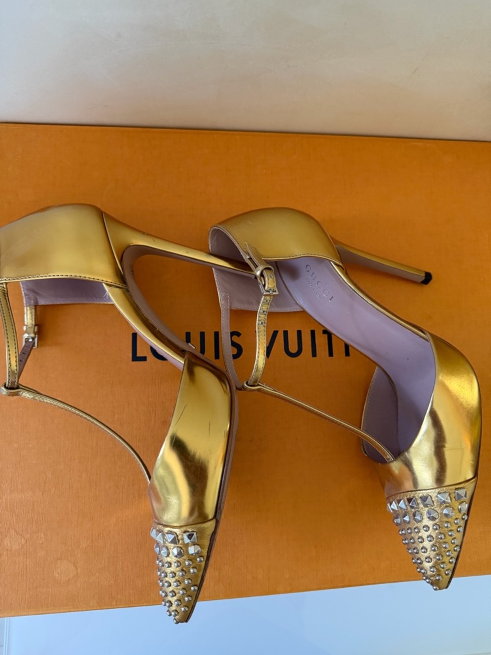 Gucci Metallic Gold Studded Pointed-Toe T‑Strap Stilettos - Picture 5 of 16